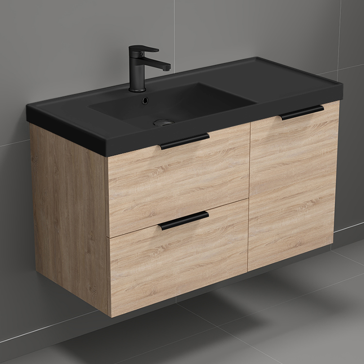 Nameeks LISBON16 36 Inch Bathroom Vanity With Black Sink, Wall Mounted, Modern, Brown Oak